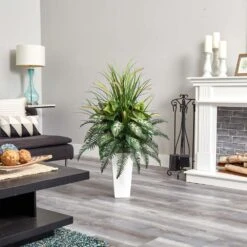 Mixed River Fern And Dogtail Artificial Plant In White Tower Planter 10 Mixed River Fern And Dogtail Artificial Plant In White Tower Planter -Artificial nearly natural artificial ferns 6382 1f 1000