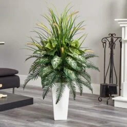Mixed River Fern And Dogtail Artificial Plant In White Tower Planter 11 Mixed River Fern And Dogtail Artificial Plant In White Tower Planter -Artificial nearly natural artificial ferns 6382 31 1000