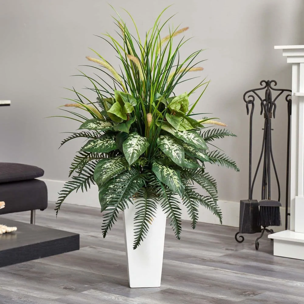 Mixed River Fern And Dogtail Artificial Plant In White Tower Planter 7 Mixed River Fern And Dogtail Artificial Plant In White Tower Planter - Image 5