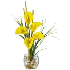 18 In. Artificial Calla Lilly Liquid Illusion Silk Flower Arrangement In Yellow
