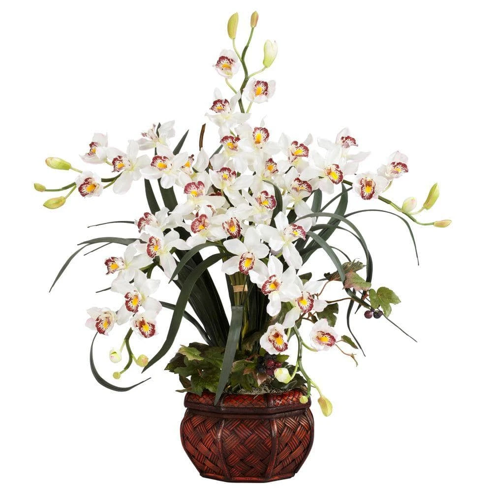 30 In. Artificial H White Cymbidium With Decorative Vase Silk Arrangement 3 30 In. Artificial H White Cymbidium With Decorative Vase Silk Arrangement