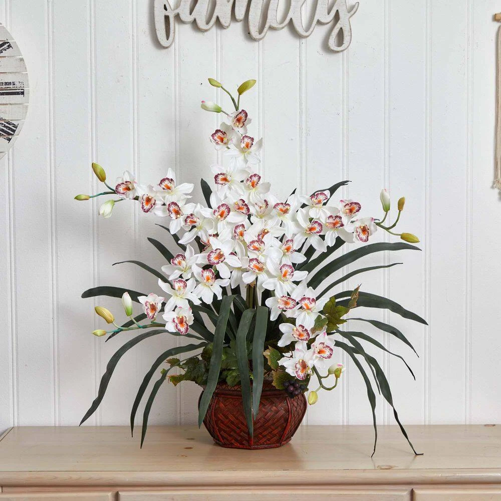 30 In. Artificial H White Cymbidium With Decorative Vase Silk Arrangement 4 30 In. Artificial H White Cymbidium With Decorative Vase Silk Arrangement - Image 2