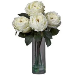 18 In. Artificial H White Fancy Rose With Cylinder Vase Silk Flower Arrangement