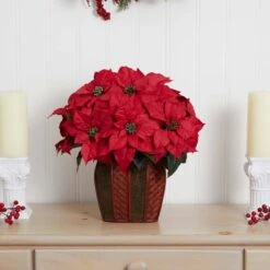 18 In. H Red Poinsettia Arrangement With Decorative Vase Artificial Silk 10 18 In. H Red Poinsettia Arrangement With Decorative Vase Artificial Silk -Artificial nearly natural artificial flowers 1264 1f 1000