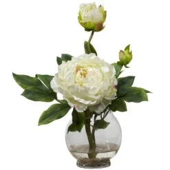 13.5 In. Artificial H White Peony With Fluted Vase Silk Flower Arrangement