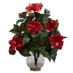 17 In. Artificial H Red Hibiscus With Fluted Vase Silk Flower Arrangement