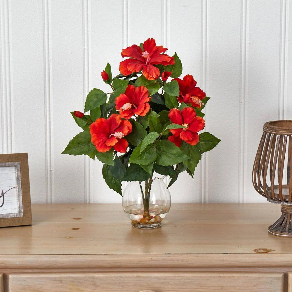 17 In. Artificial H Red Hibiscus With Fluted Vase Silk Flower Arrangement 4 17 In. Artificial H Red Hibiscus With Fluted Vase Silk Flower Arrangement - Image 2