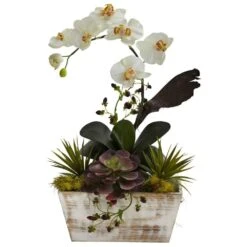 Artificial Orchid And Succulent Garden With White Wash Planter