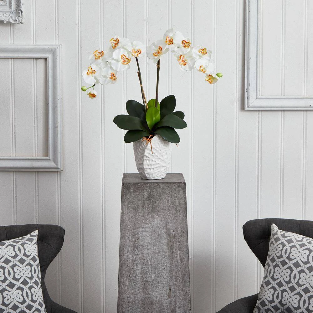 Indoor Double Phalaenopsis Orchid Silk Artificial Arrangement In White Vase 6 Indoor Double Phalaenopsis Orchid Silk Artificial Arrangement In White Vase - Image 4