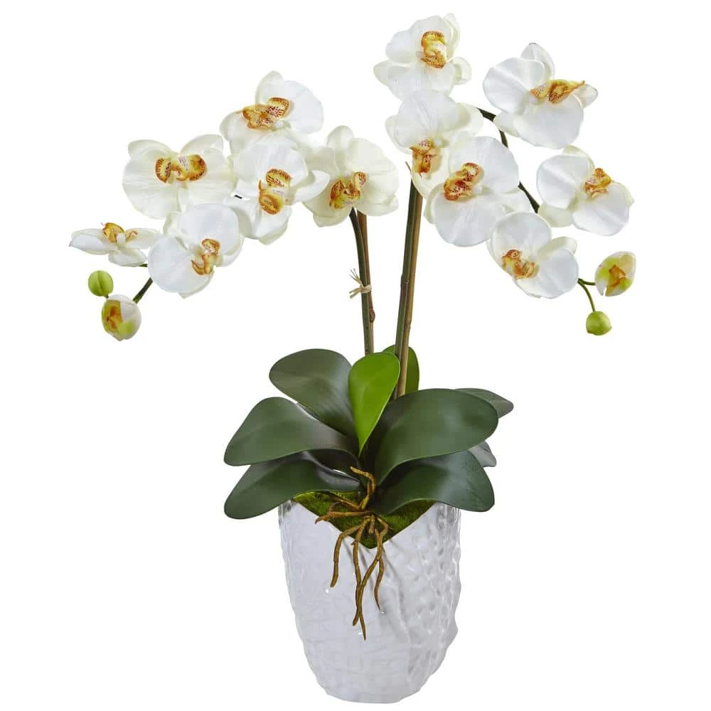 Indoor Double Phalaenopsis Orchid Silk Artificial Arrangement In White Vase 3 Indoor Double Phalaenopsis Orchid Silk Artificial Arrangement In White Vase