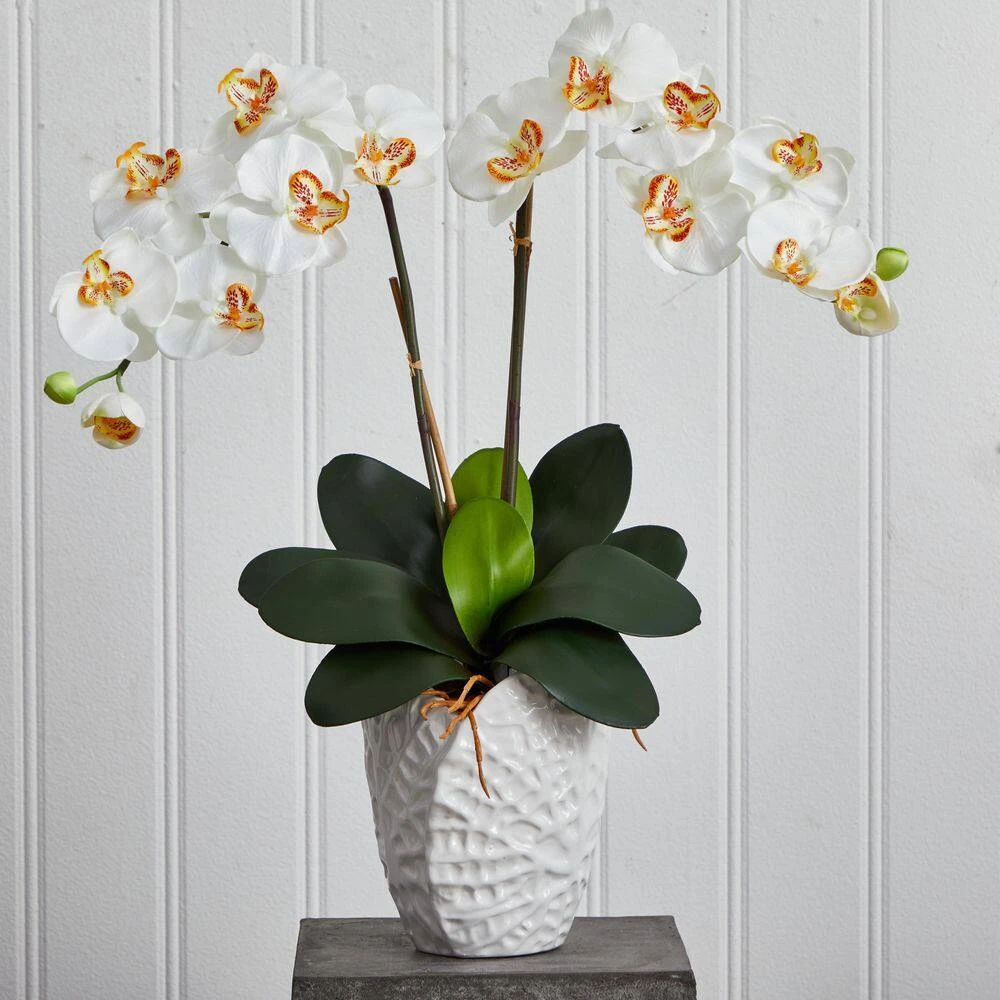 Indoor Double Phalaenopsis Orchid Silk Artificial Arrangement In White Vase 4 Indoor Double Phalaenopsis Orchid Silk Artificial Arrangement In White Vase - Image 2