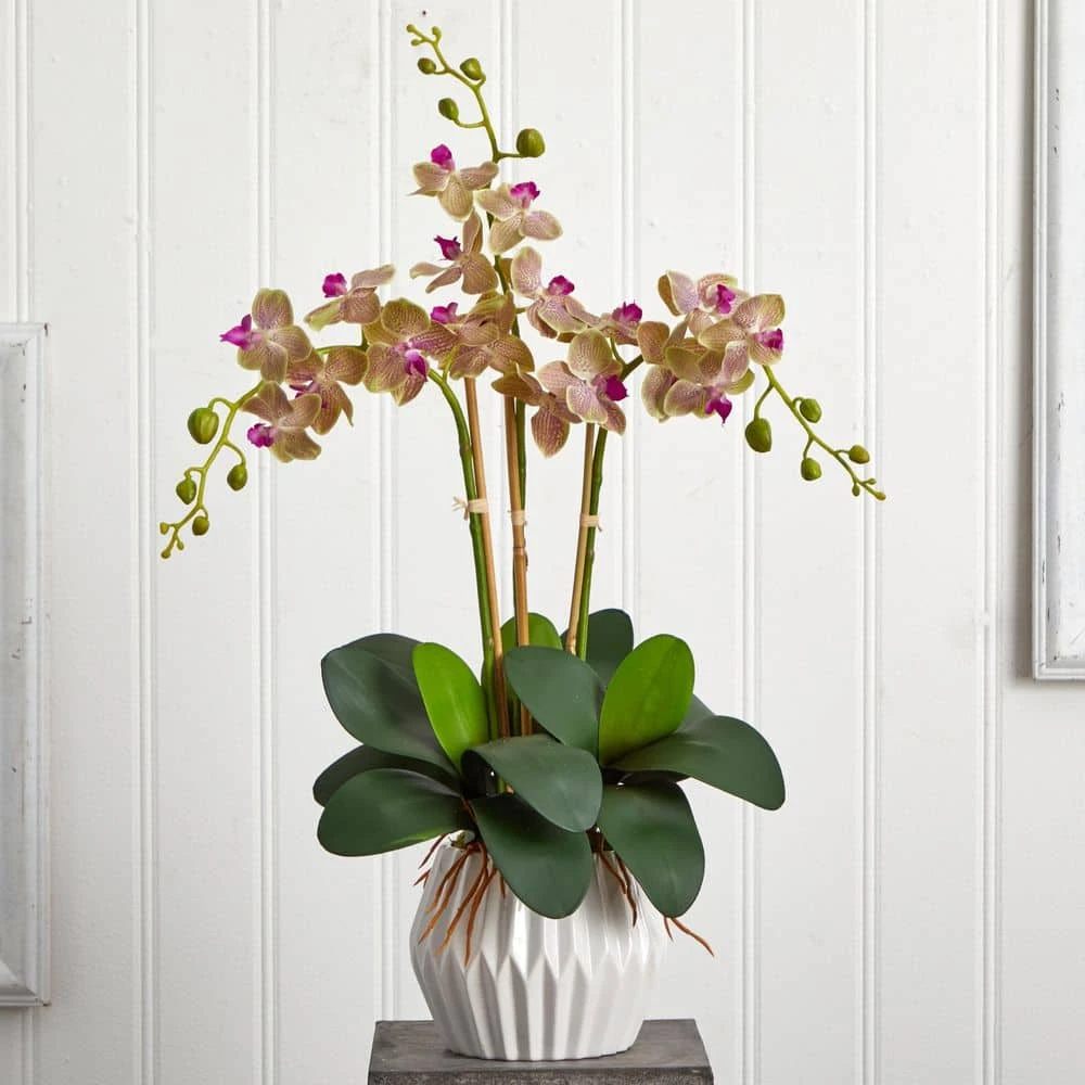 Indoor Phalaenopsis Orchid Silk Artificial Arrangement In White Vase 4 Indoor Phalaenopsis Orchid Silk Artificial Arrangement In White Vase - Image 2