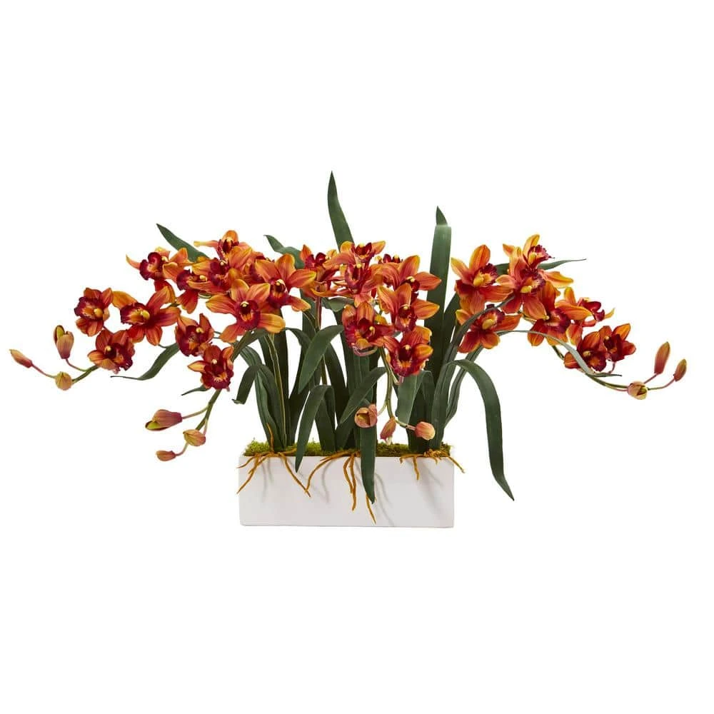 Indoor Cymbidium Artificial Arrangement In White Vase 4 Indoor Cymbidium Artificial Arrangement In White Vase - Image 2