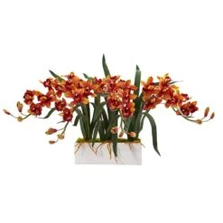 Indoor Cymbidium Artificial Arrangement In White Vase