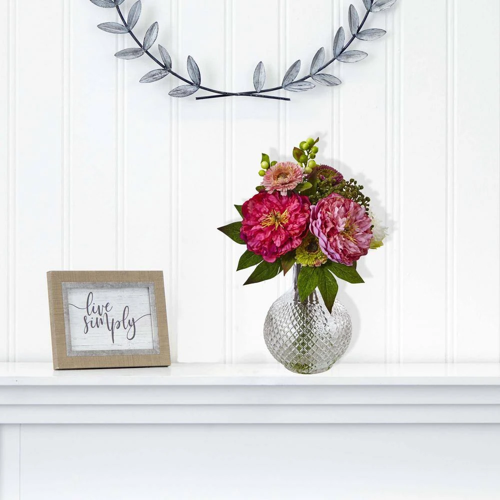 14 In. Artificial Peony And Mum In Glass Vase 5 14 In. Artificial Peony And Mum In Glass Vase - Image 3