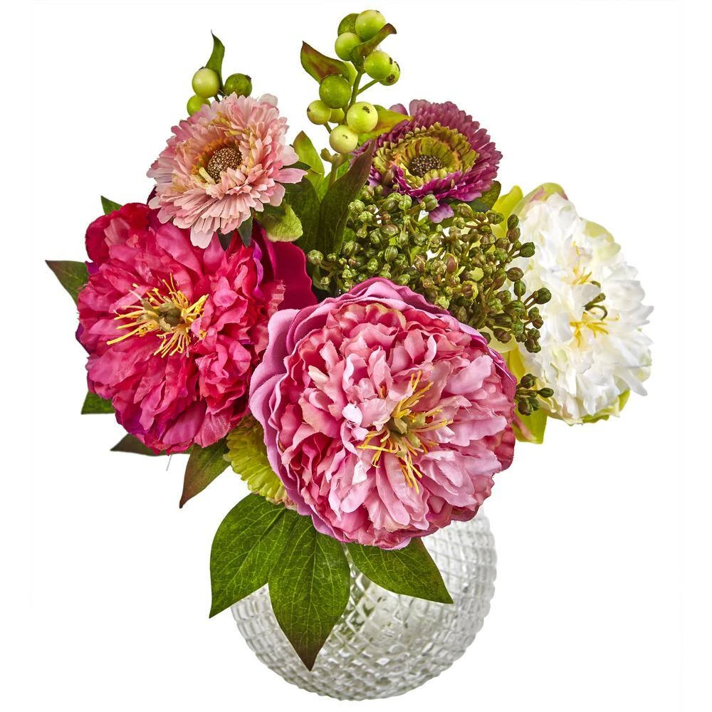 14 In. Artificial Peony And Mum In Glass Vase 4 14 In. Artificial Peony And Mum In Glass Vase - Image 2
