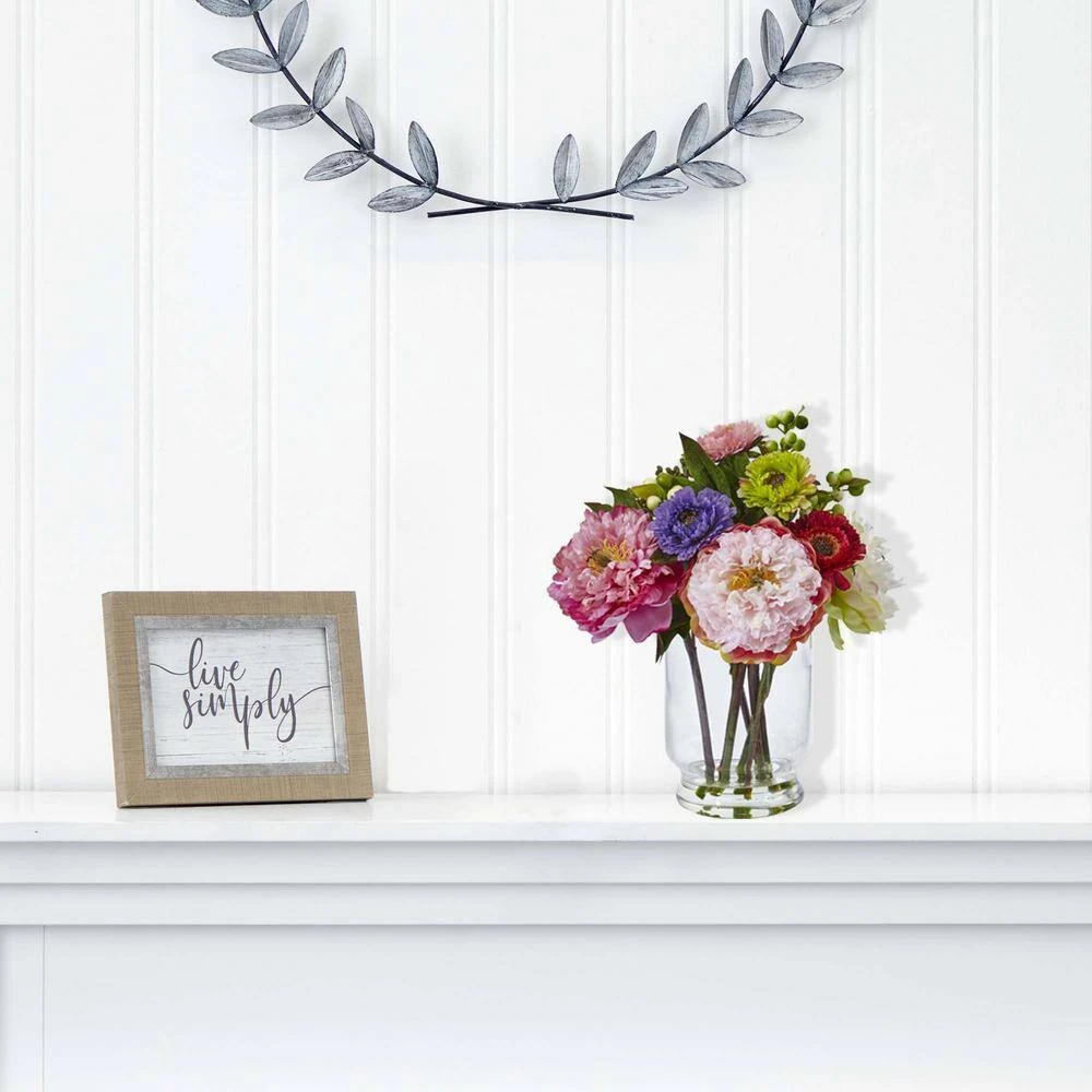 10.5 In. Artificial Peony And Mum In Glass Vase 5 10.5 In. Artificial Peony And Mum In Glass Vase - Image 3