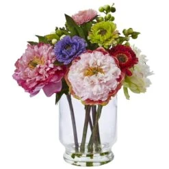 10.5 In. Artificial Peony And Mum In Glass Vase