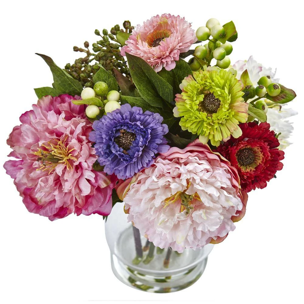 10.5 In. Artificial Peony And Mum In Glass Vase 4 10.5 In. Artificial Peony And Mum In Glass Vase - Image 2