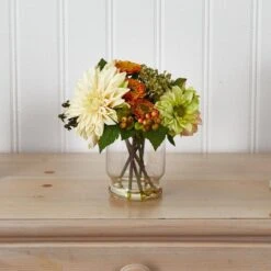 10.5 In. Artificial Mixed Dahlia And Mum With Glass Vase -Artificial nearly natural artificial flowers 4588 4f 1000