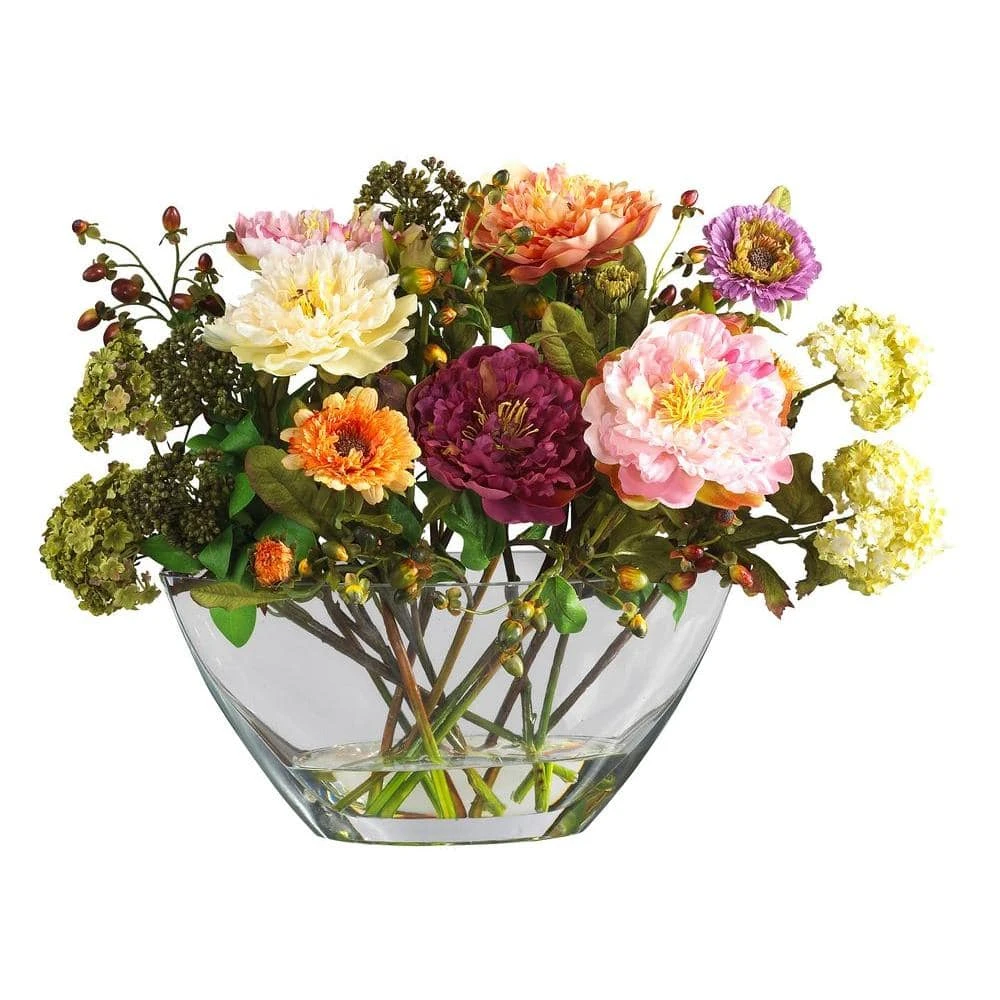 14 In. Artificial Peony Silk Flower Arrangement With Glass Vase 3 14 In. Artificial Peony Silk Flower Arrangement With Glass Vase