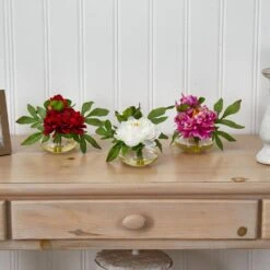 Indoor 6in. Artificial H Assorted Peony With Glass Vase (Set Of 3) -Artificial nearly natural artificial flowers 4789 44 1000