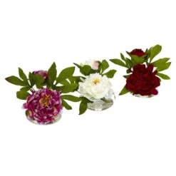 Indoor 6in. Artificial H Assorted Peony With Glass Vase (Set Of 3)