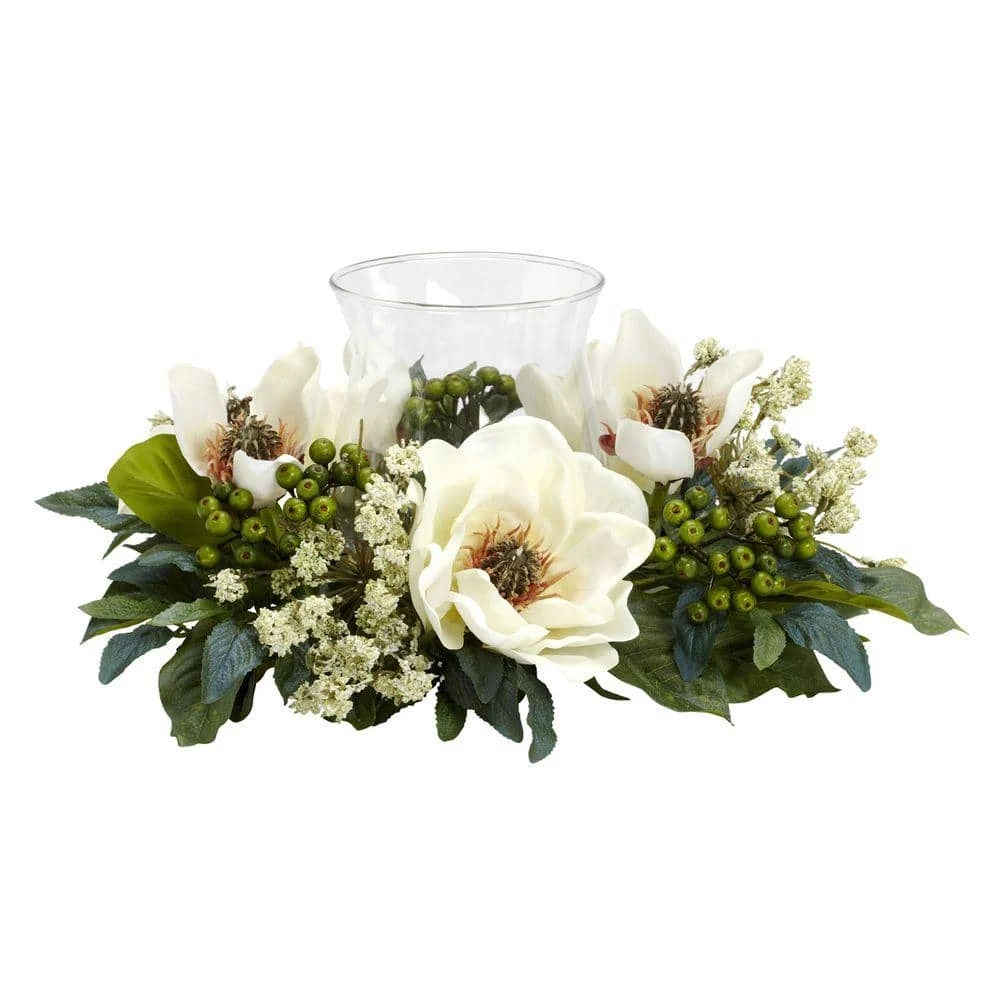 6.5 In. Artificial H White Magnolia Candelabrum Silk Flower Arrangement 3 6.5 In. Artificial H White Magnolia Candelabrum Silk Flower Arrangement