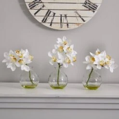 8 In. Artificial H White Cymbidium With Vase Silk Flower Arrangement (Set Of 3) -Artificial nearly natural artificial flowers 4797 31 1000