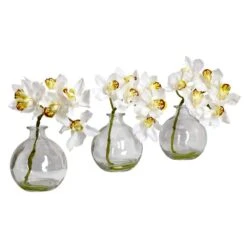 8 In. Artificial H White Cymbidium With Vase Silk Flower Arrangement (Set Of 3) -Artificial nearly natural artificial flowers 4797 c3 1000