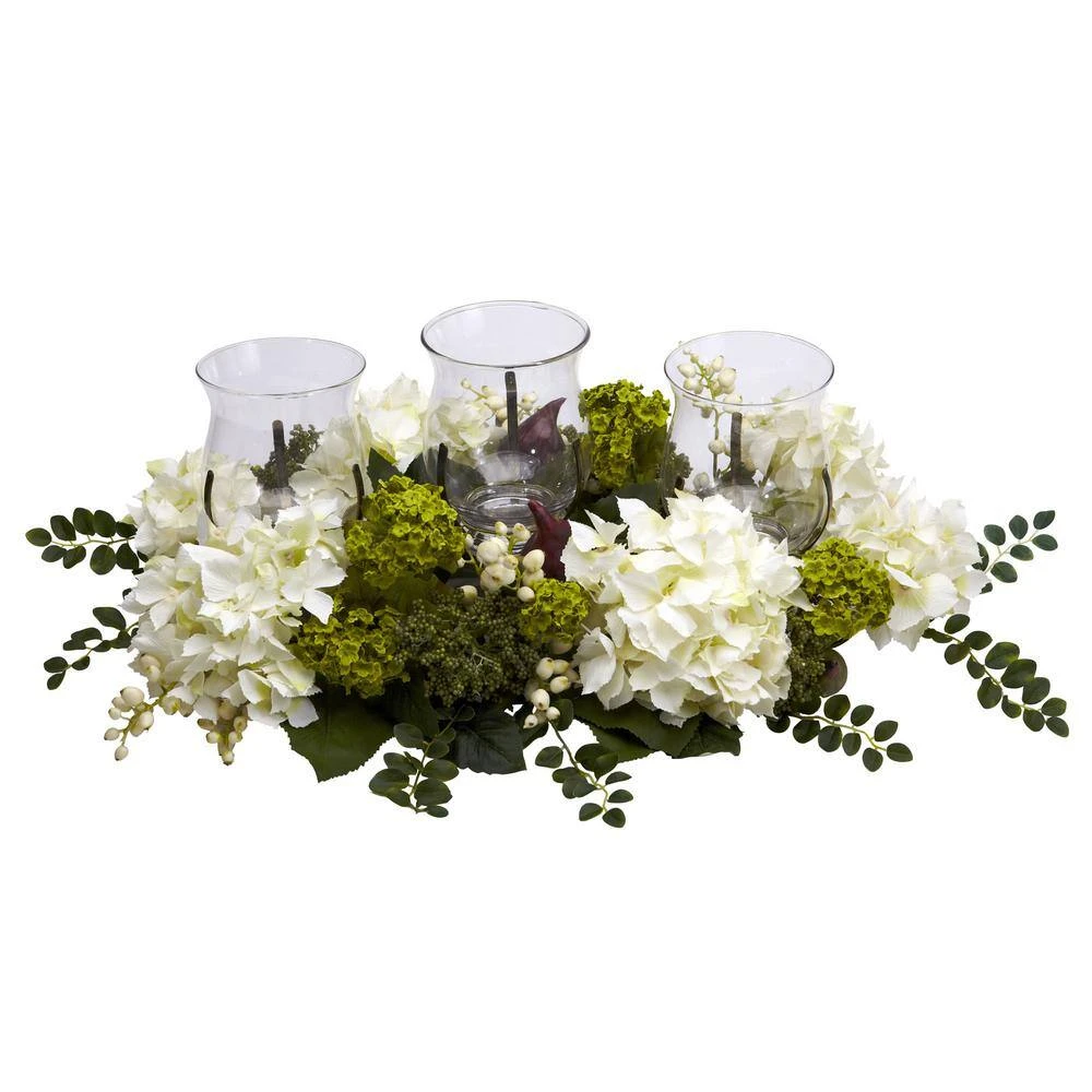 9.5 In. Artificial H White Snowball Hydrangea Triple Candelabrum 4 9.5 In. Artificial H White Snowball Hydrangea Triple Candelabrum - Image 2