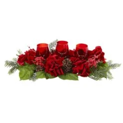 4 In. Artificial Triple Hydrangea Red Candelabrum
