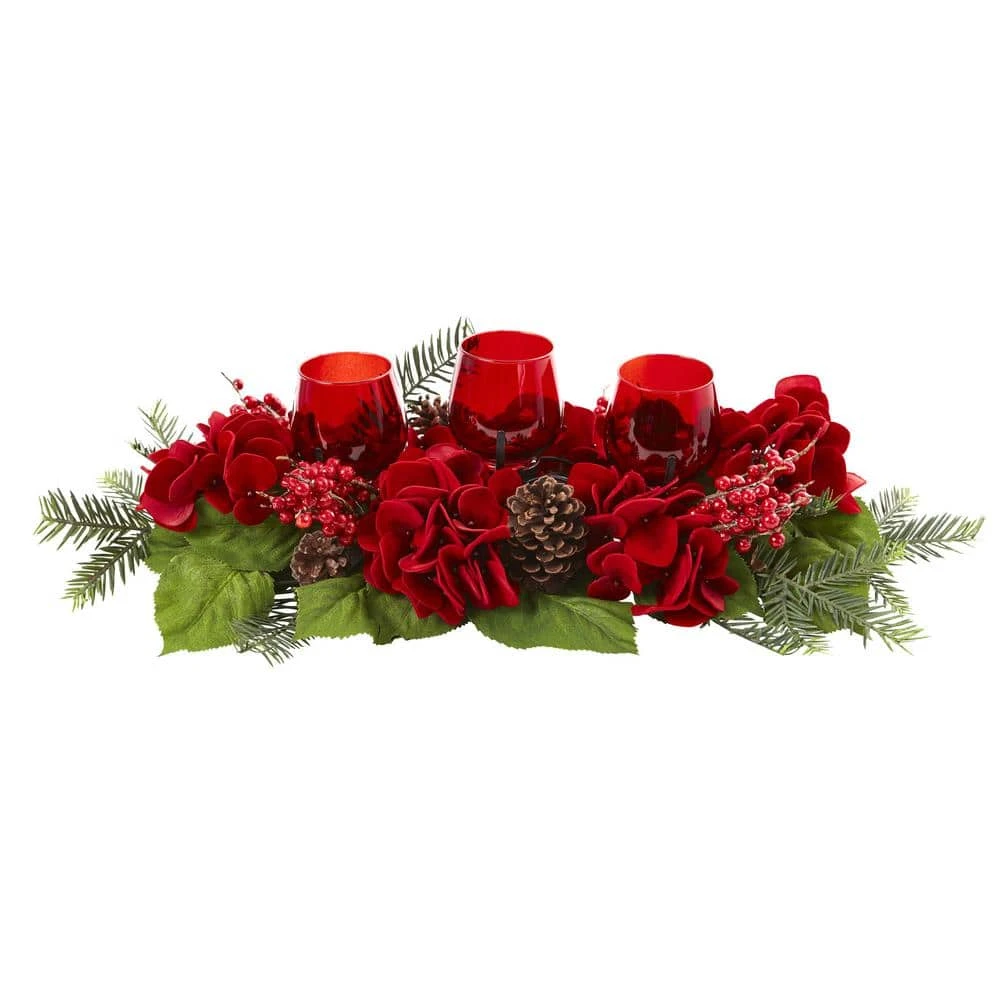 4 In. Artificial Triple Hydrangea Red Candelabrum 3 4 In. Artificial Triple Hydrangea Red Candelabrum