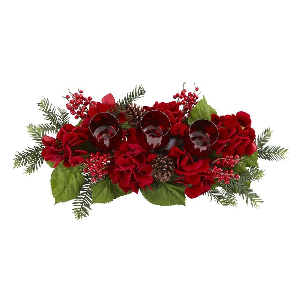 4 In. Artificial Triple Hydrangea Red Candelabrum 4 4 In. Artificial Triple Hydrangea Red Candelabrum - Image 2