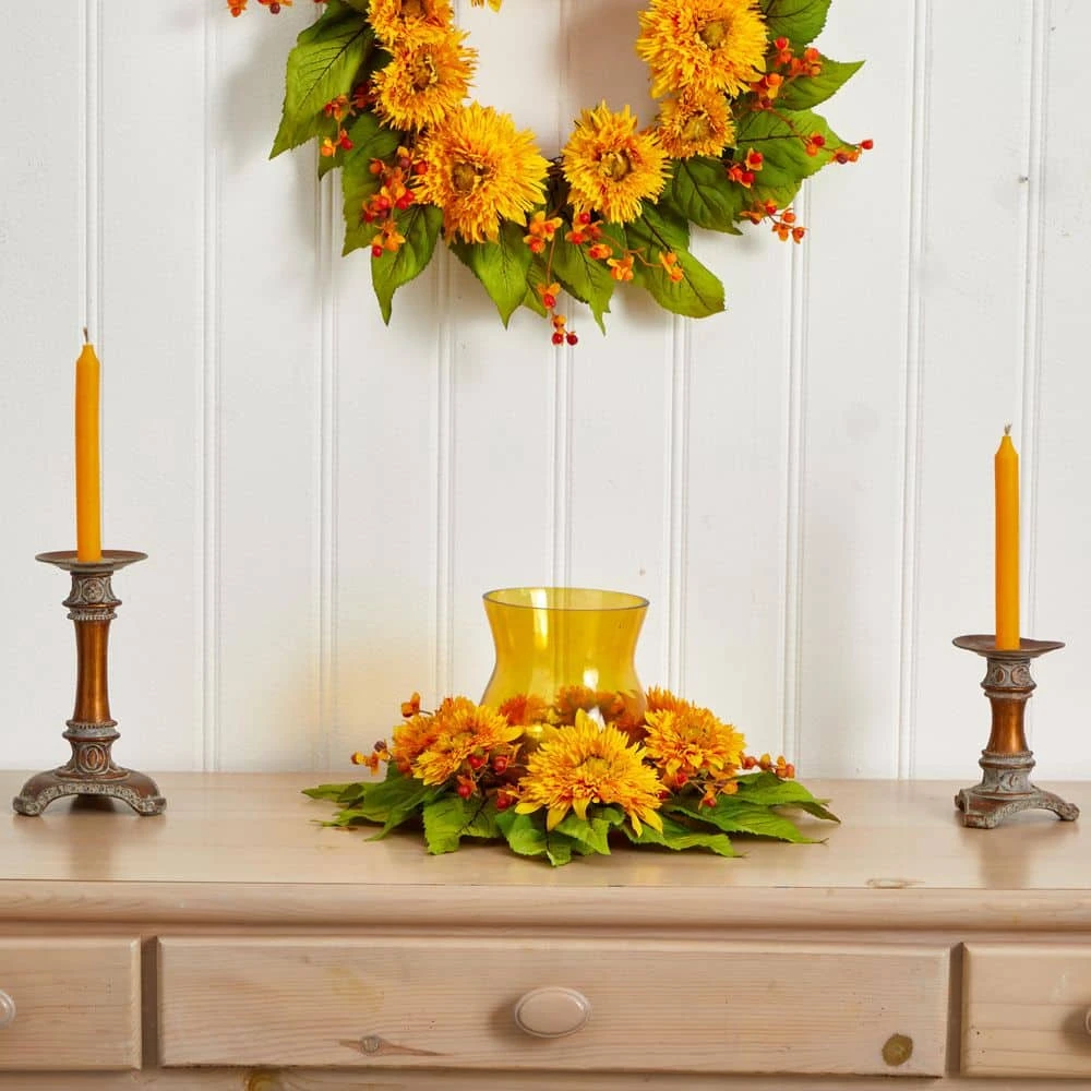 7.5 In. Artificial H Yellow Golden Sunflower Candleabrum Silk Flower Arrangement 6 7.5 In. Artificial H Yellow Golden Sunflower Candleabrum Silk Flower Arrangement - Image 4