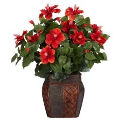 24 In. Artificial H Red Hibiscus With Vase Silk Plant