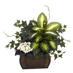 20 In. Artificial H Green African Violet, Dieffenbachia And Ivy With Chest Silk Plant