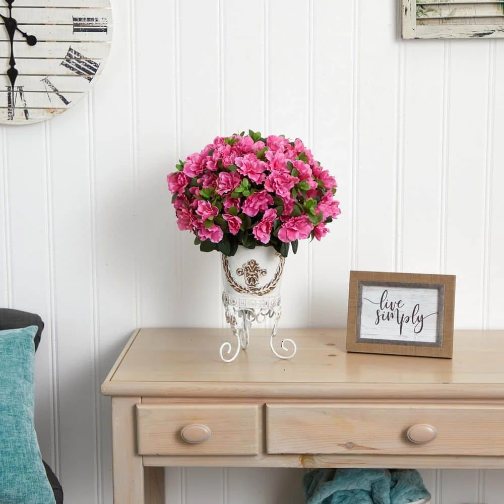 19 In. Artificial H Pink Azalea With Metal Planter Silk Plant 7 19 In. Artificial H Pink Azalea With Metal Planter Silk Plant - Image 5