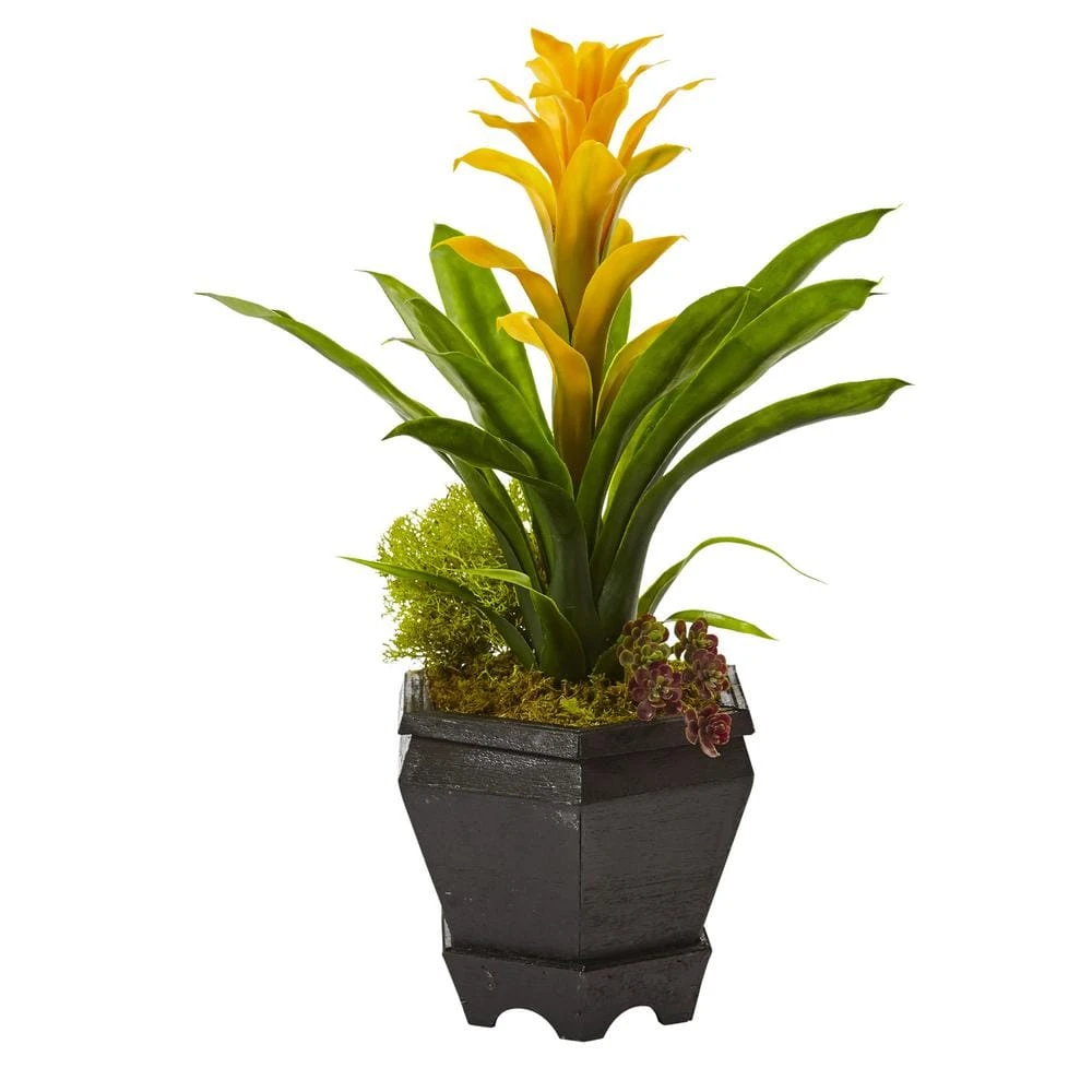 16.5 In. Artificial Bromeliad In Black Hexagon Planter In Yellow 4 16.5 In. Artificial Bromeliad In Black Hexagon Planter In Yellow - Image 2