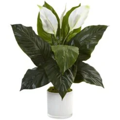 Indoor Spathiphyllum Artificial Flowering Peace Lily In Glossy Glass Planter 9 Indoor Spathiphyllum Artificial Flowering Peace Lily In Glossy Glass Planter -Artificial nearly natural artificial flowers 6956 31 1000