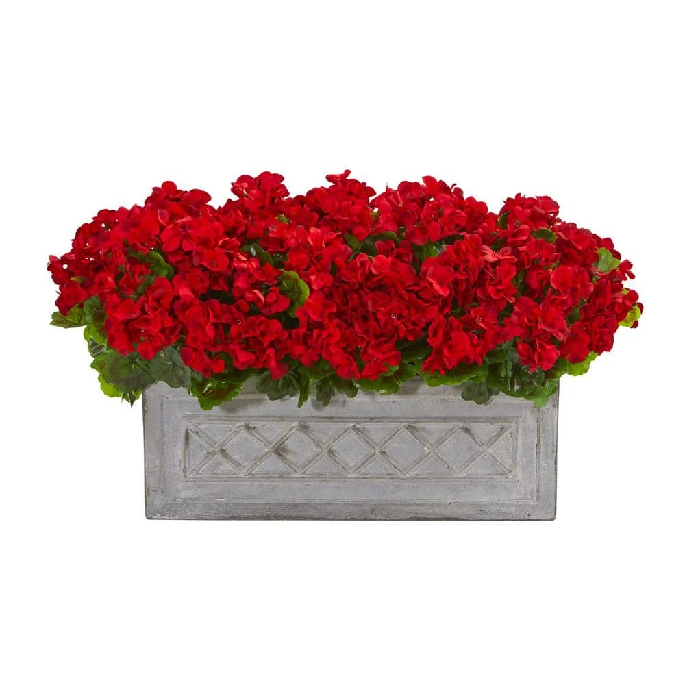 Indoor/Outdoor 18 In. Geranium Artificial Plant In Stone Planter UV Resistant 3 Indoor/Outdoor 18 In. Geranium Artificial Plant In Stone Planter UV Resistant
