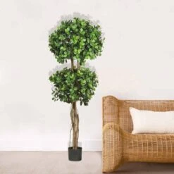 5.5 Ft. Artificial Green Eucalyptus Double Ball Topiary Silk Tree 9 5.5 Ft. Artificial Green Eucalyptus Double Ball Topiary Silk Tree -Artificial nearly natural artificial topiaries 5248 31 1000