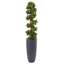Indoor/Outdoor English Ivy Spiral Topiary Artificial Tree In Gray Cylinder Planter UV Resistant