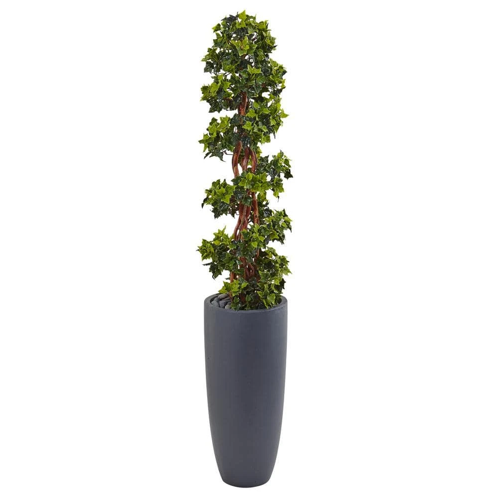Indoor/Outdoor English Ivy Spiral Topiary Artificial Tree In Gray Cylinder Planter UV Resistant 3 Indoor/Outdoor English Ivy Spiral Topiary Artificial Tree In Gray Cylinder Planter UV Resistant