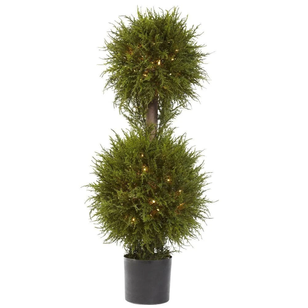 40 In. Artificial Cedar Double Ball Topiary With Lights 3 40 In. Artificial Cedar Double Ball Topiary With Lights
