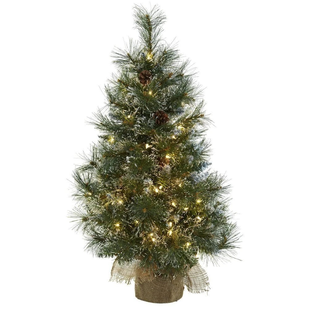 3 Ft. Artificial Christmas Tree With Clear Lights, Frosted Tips, Pine Cones And Burlap Bag 3 3 Ft. Artificial Christmas Tree With Clear Lights, Frosted Tips, Pine Cones And Burlap Bag