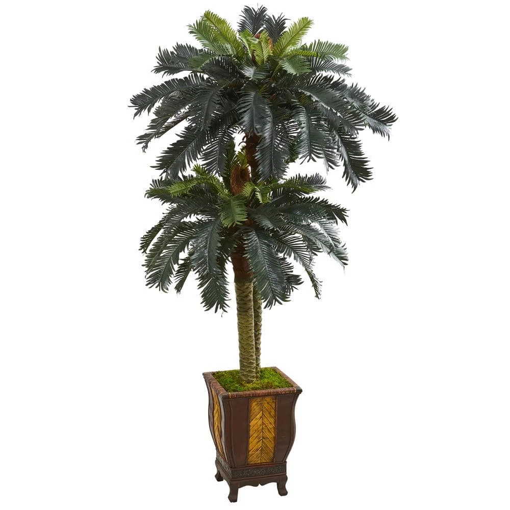 Indoor 6 Ft. Double Sago Palm Artificial Tree In Designer Planter 3 Indoor 6 Ft. Double Sago Palm Artificial Tree In Designer Planter