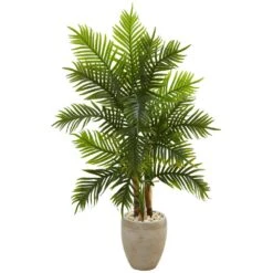 Indoor 5 Ft. Areca Palm Artificial Tree In Sand Colored Planter Real Touch