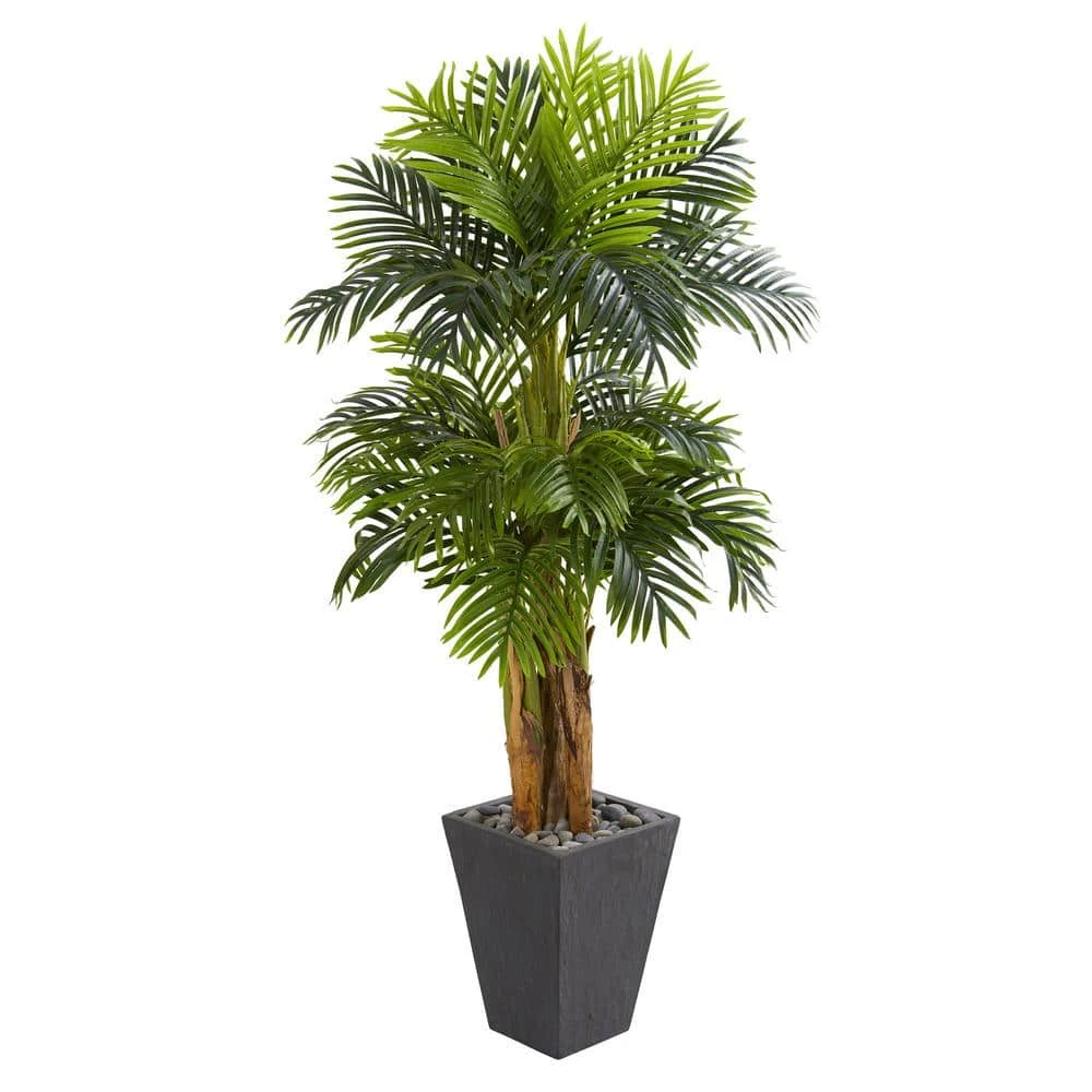 Indoor 5.5 Ft. Triple Areca Palm Artificial Tree In Slate Finish Planter 3 Indoor 5.5 Ft. Triple Areca Palm Artificial Tree In Slate Finish Planter