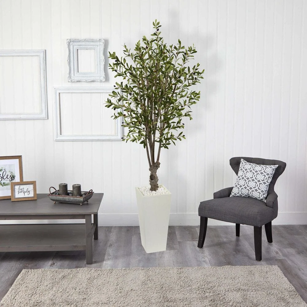 6 Ft. Olive Artificial Tree In White Tower Planter 6 6 Ft. Olive Artificial Tree In White Tower Planter - Image 4